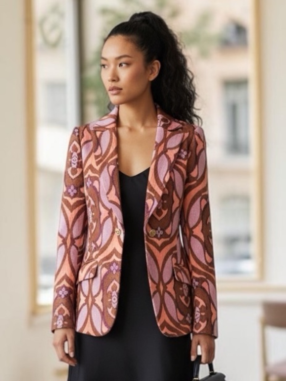 *Ramy Brook Jacquard Print Blazer Pink Brown Statement Sz 6